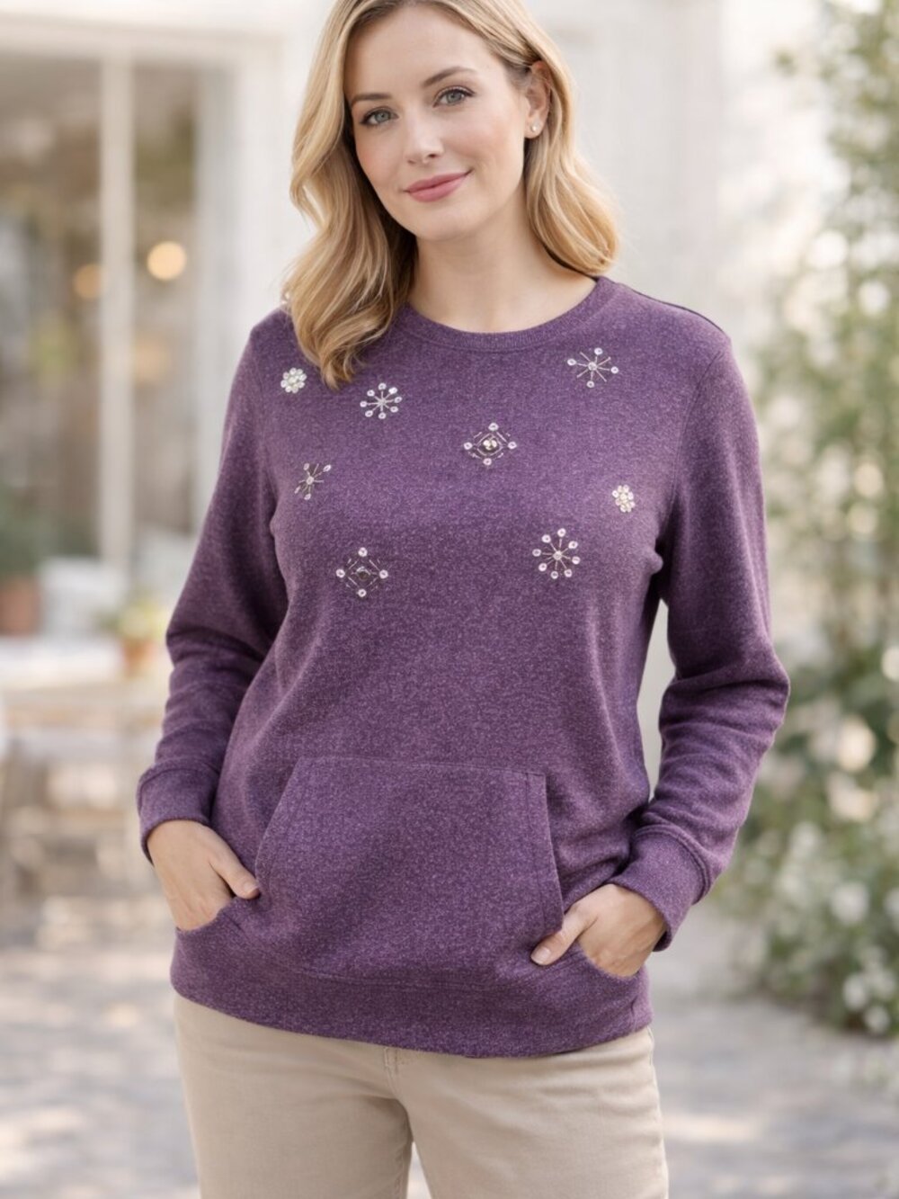 Purple Crew Neck Sweater with Kangaroo Pocket and Snowflake Embellishment